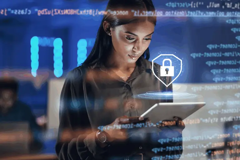 Woman reviewing secured data on a tablet in a modern digital environment, symbolizing document outsourcing security.