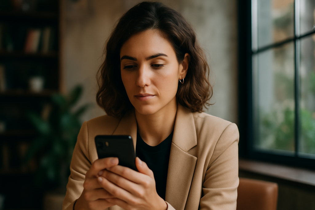 Millennial professional sitting calmly at home, focused on their phone, symbolizing digital engagement and trust.